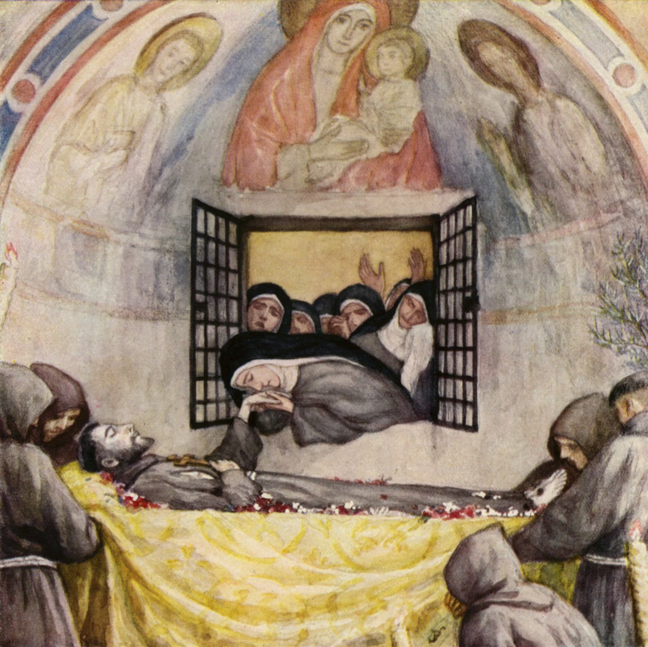 St. Klara sørger over Frans av Assisi (fargelitografi) av German School