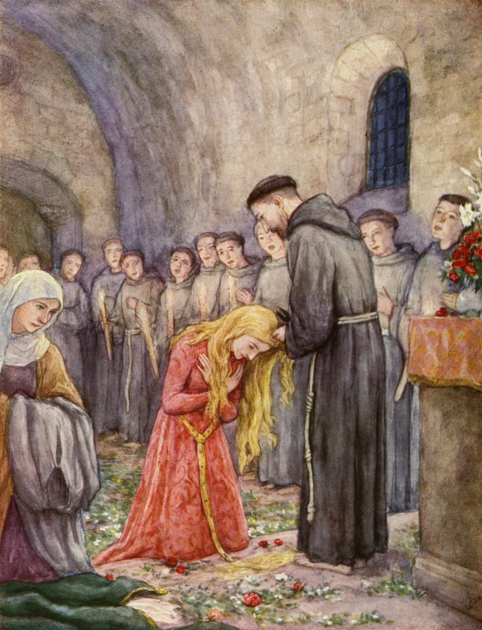 Frans klipper håret til Klara av Assisi (fargelitografi) av German School