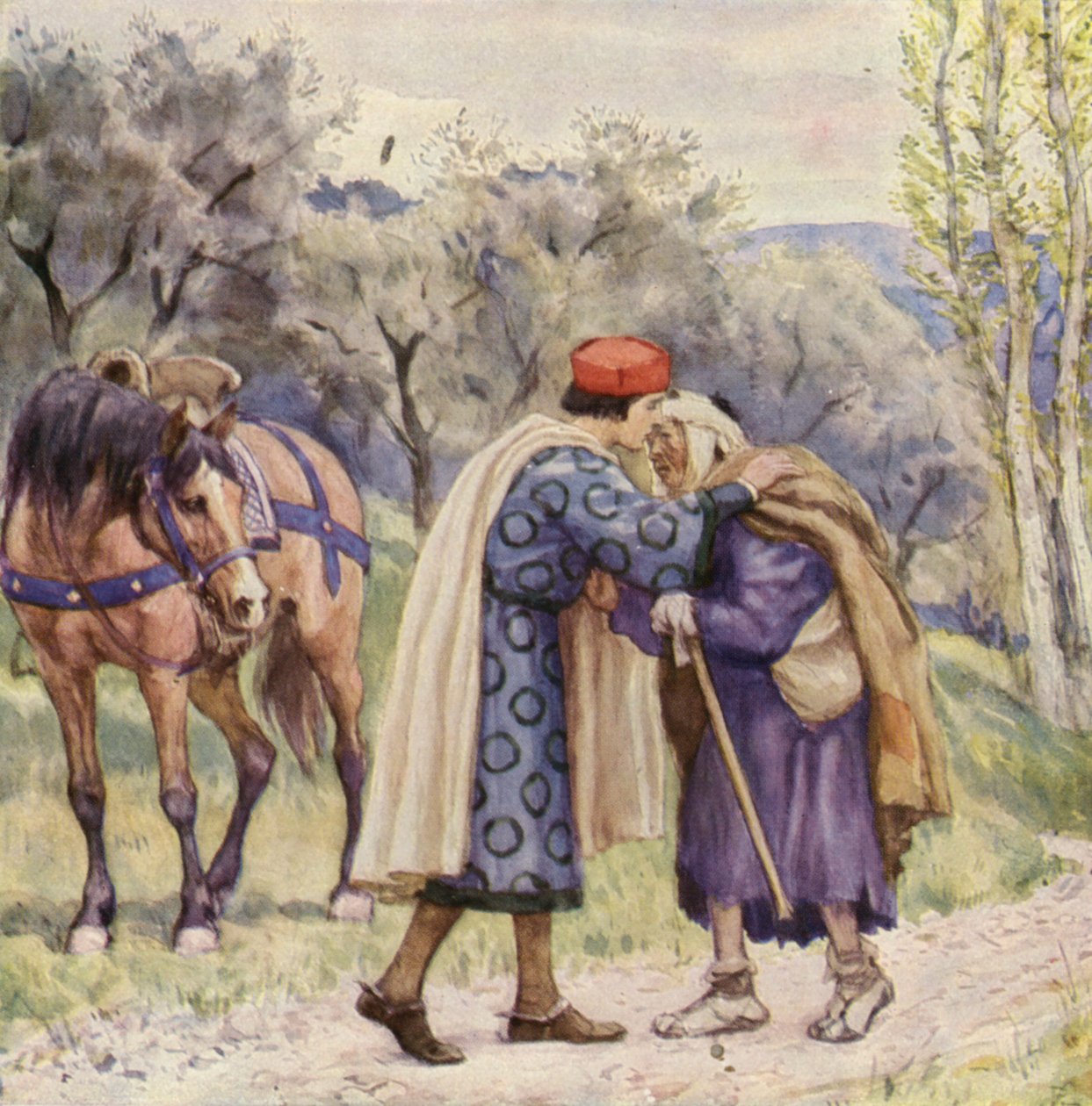 Frans av den hellige Frans kysser en spedalsk (fargelitografi) av German School