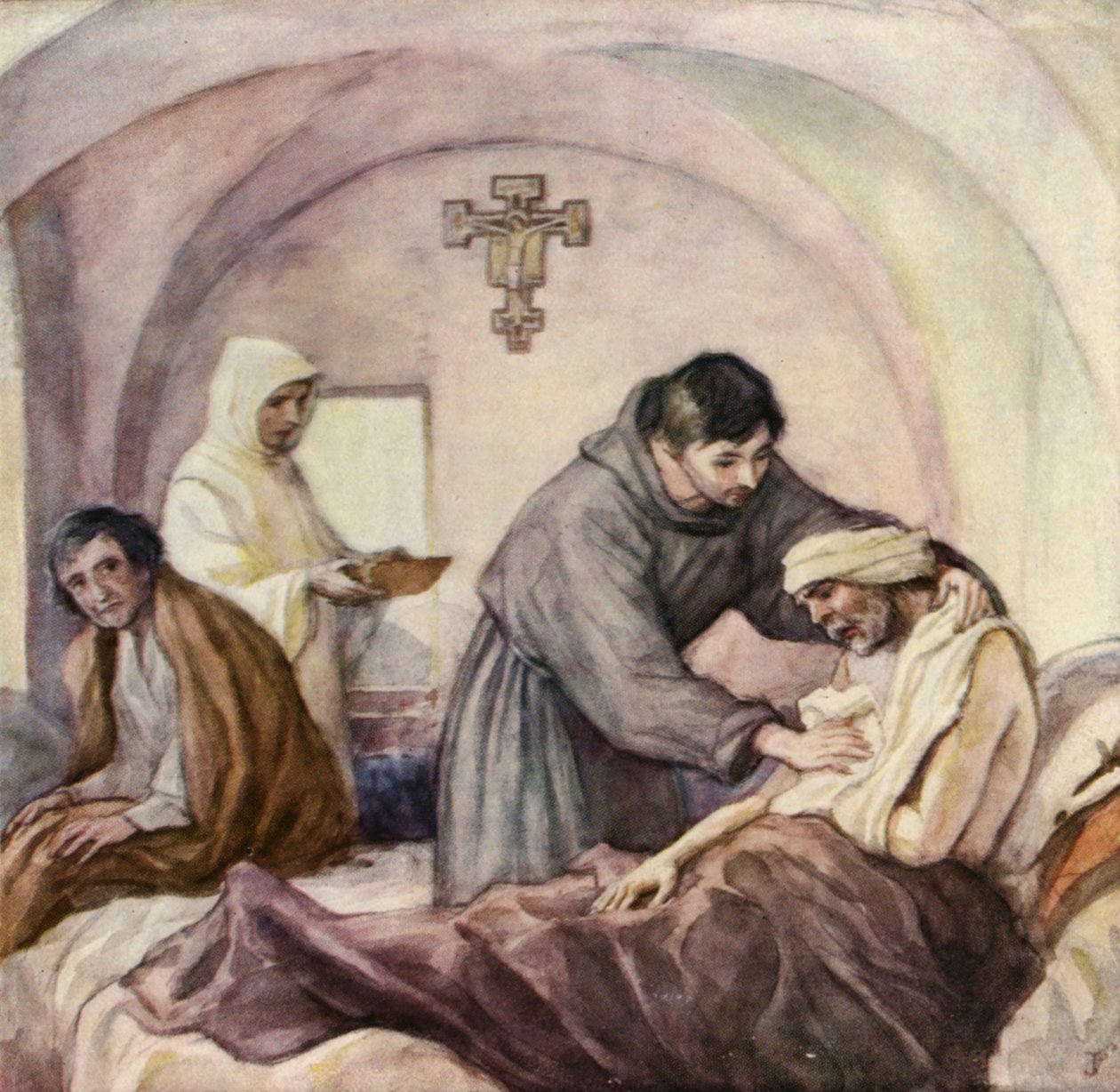 St. Frans arbeider på spedalskesykehuset i Gubbio (fargelitografi) av German School