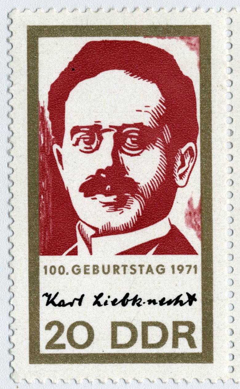Frimerke som representerer Karl Liebknecht (1871-1919), en tysk revolusjonær kommunist, en av grunnleggerne av spartakistbevegelsen (spartakisme eller tysk sosialdemokratisk parti). av German School