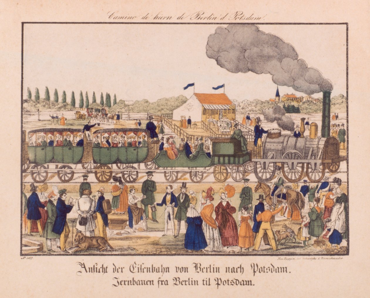 Dampjernbane mellom Berlin og Potsdam, Neuruppiner Bilderbogen, ca. 1840 av German School