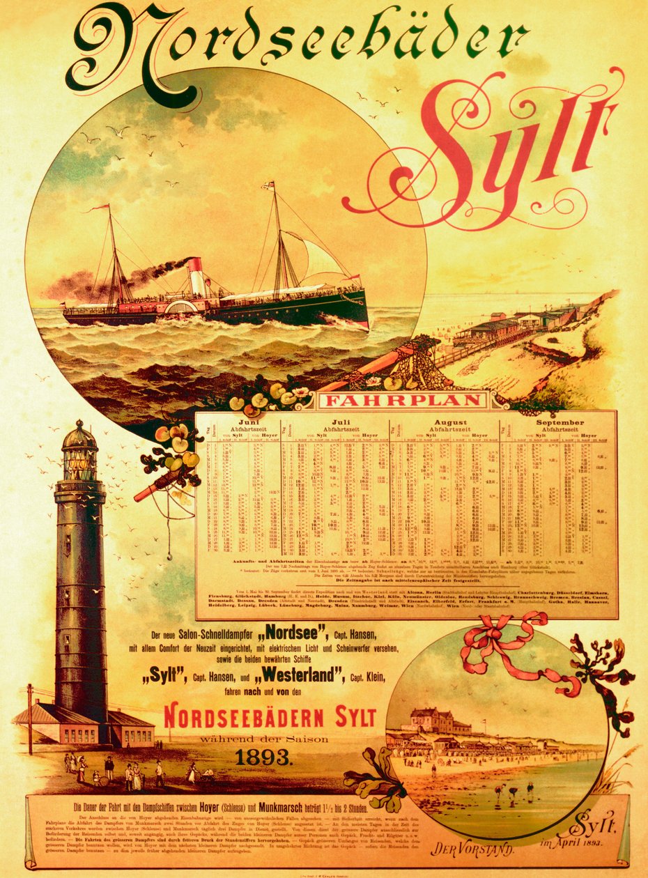 Sylt North Sea Baths, plakat som reklamerer for Sylt Steamship Company, 1893 av German School