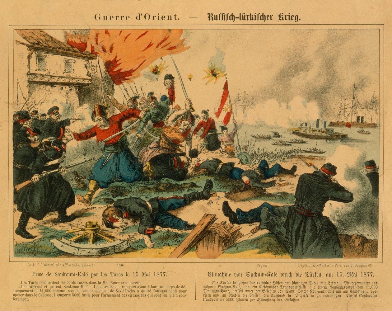 Inntak av Suchum-Kale av tyrkerne under den russisk-tyrkiske krigen, 15. mai 1877, utgitt av F.C. Wentzel, Weissenburg, 1877 av German School