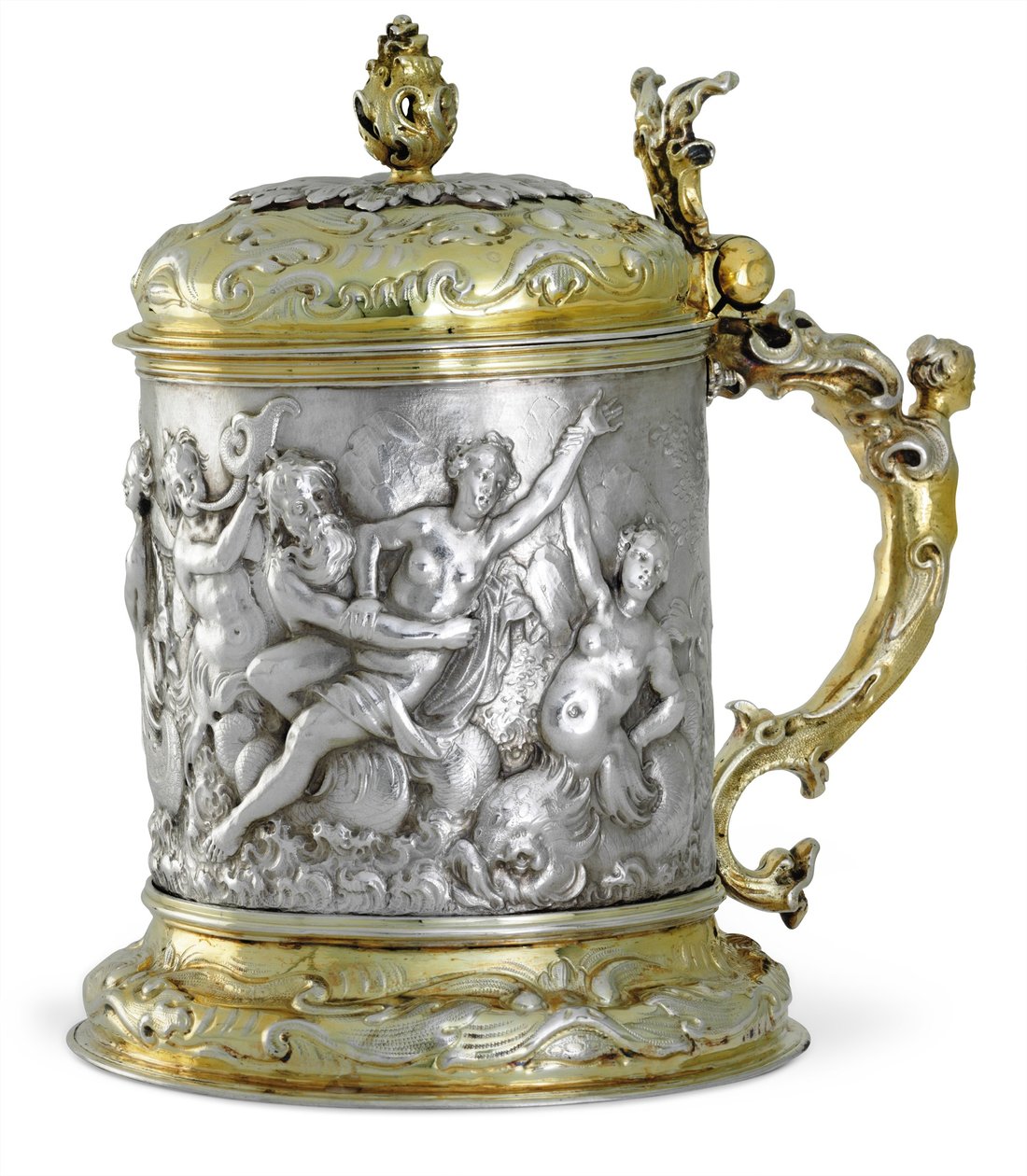 Tankard, sannsynligvis Hamburg, ca. 1660 (pakke forgylt sølv) av German School