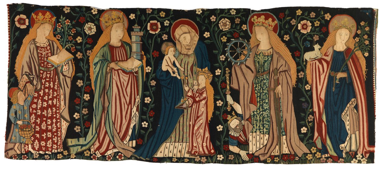 Tapestry antependium som viser St. Anne, Jomfruen og Kristus, og fire kvinnelige helgener, fra Midt-Rheinland av German School