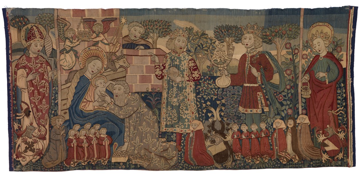 Tapestry antependium som viser tilbedelsen av magiene og to helgener, Nürnberg av German School
