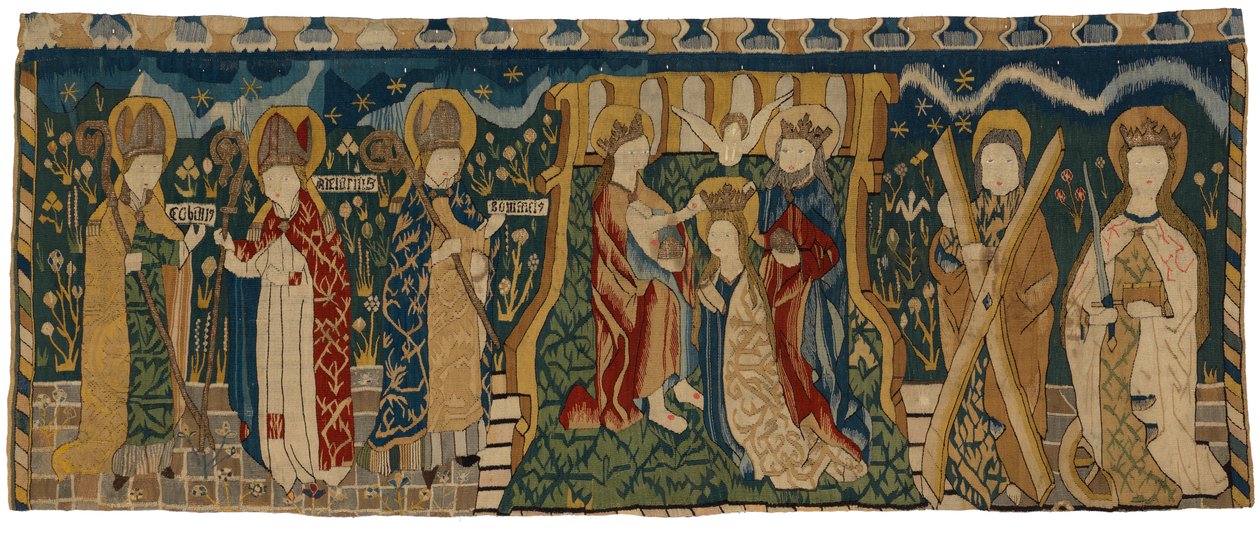 Tapestry antependium som viser Jomfruens kroning mellom tre hellige biskoper og to helgener, fra Midt-Tyskland av German School