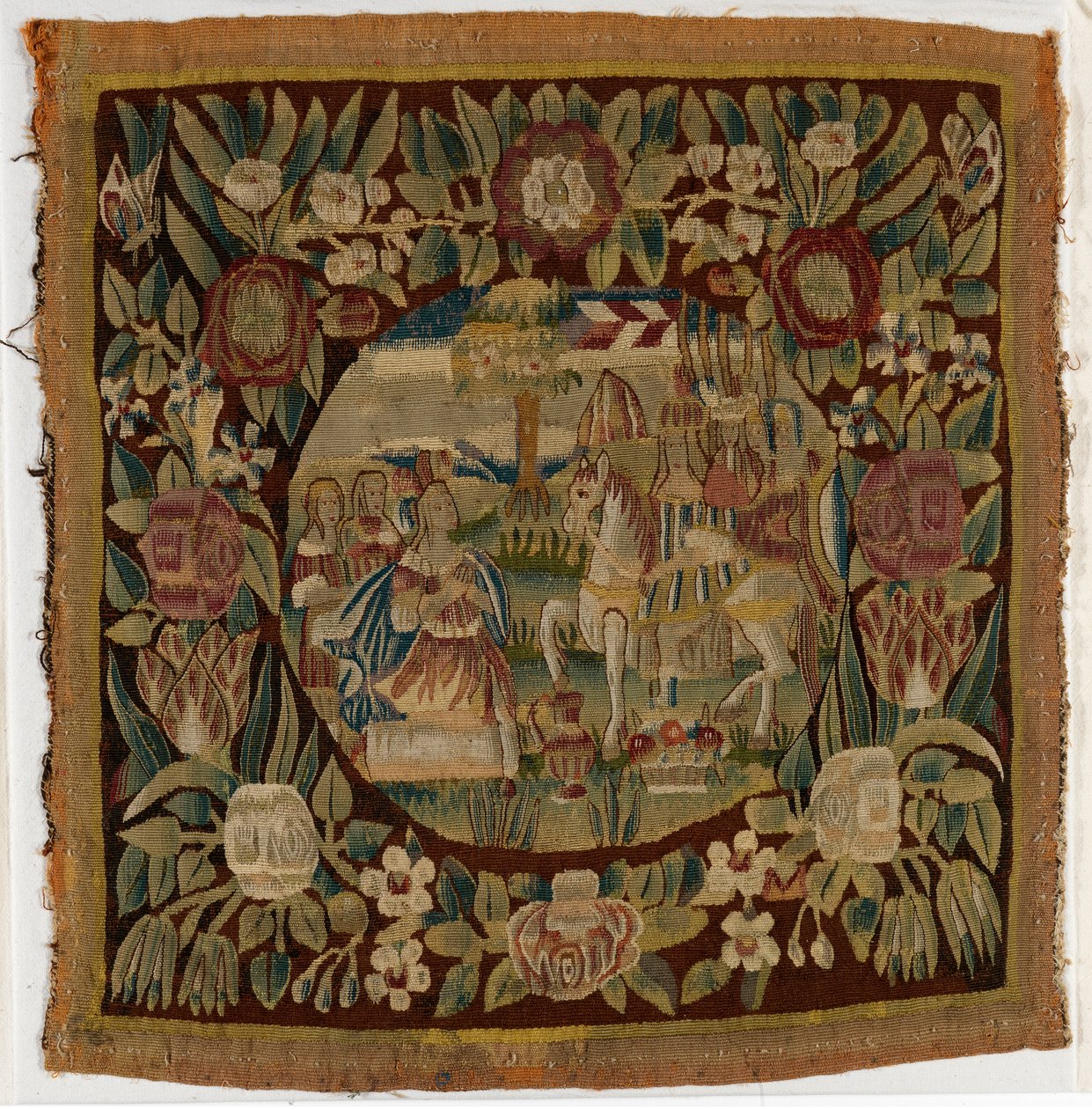 Putetrekk av billedvev som viser David og Abigail, Samuel XXV, laget muligens i Hamburg, Tyskland, ca. 1615 (ull) av German School