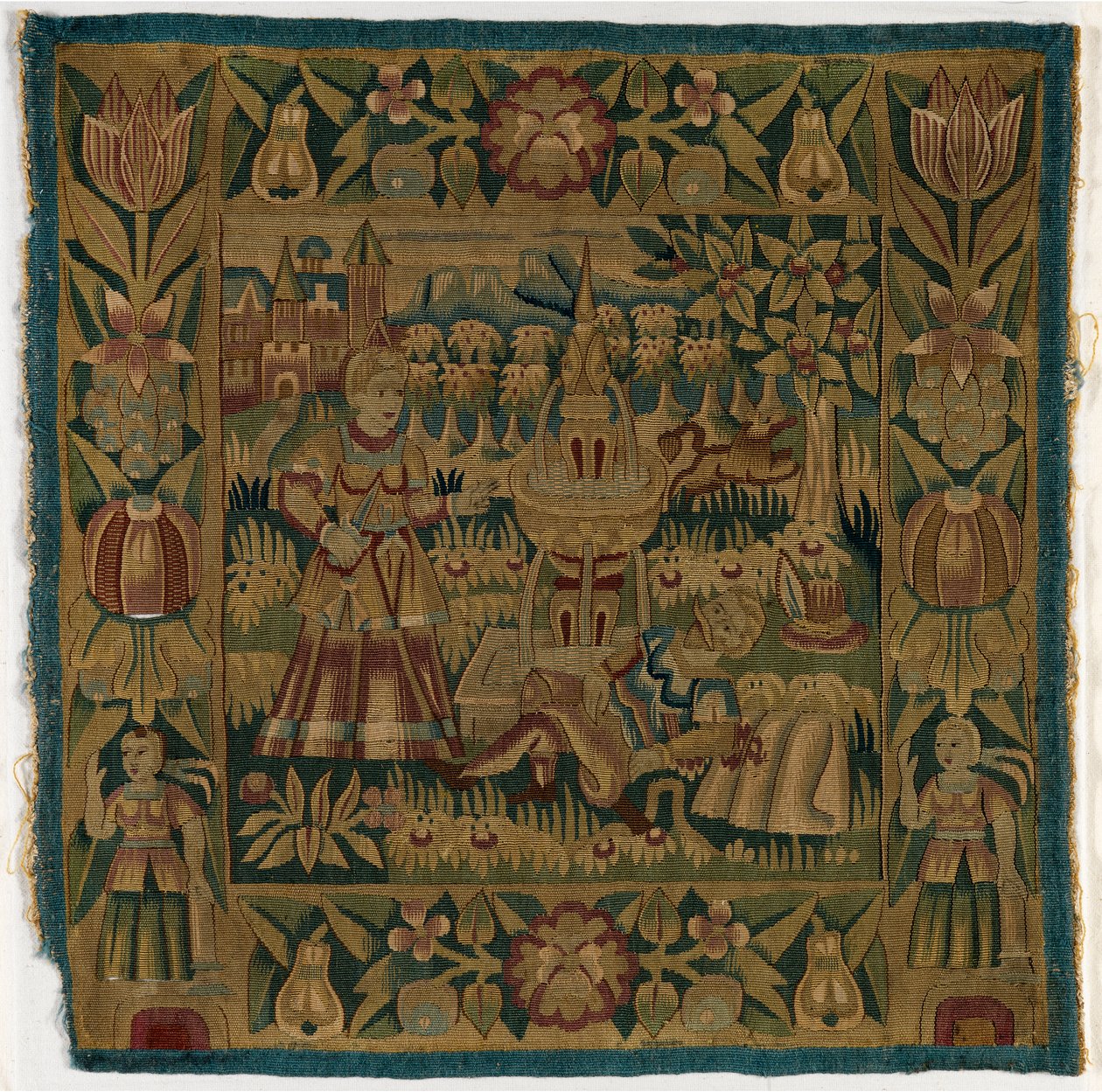 Putetrekk av billedvev som viser Pyramus og Thisbe, laget i Hamburg, Tyskland, ca. 1615 (ull) av German School