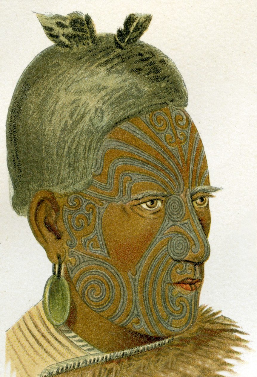 Tatoveret ansikt til en maorihøvding, 1894 av German School