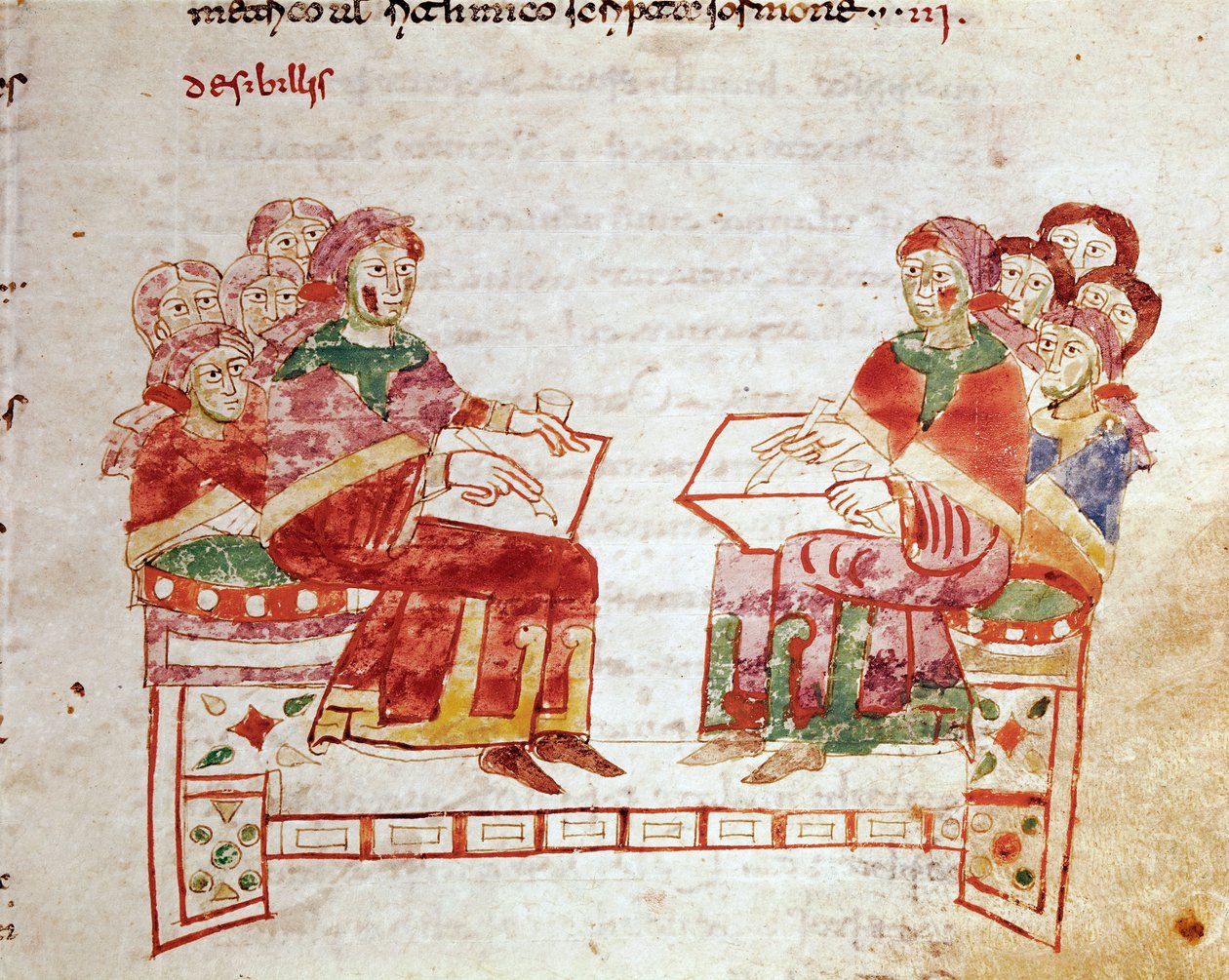Undervisningsscene i en miniatyrskole hentet fra bindet "de Gymnasium" i "De Universo" (eller De rerum naturis (De la Nature des choses)) (cod. 132) av Rabanus Maurus Magnentius (eller Raban Maur eller Rabano Mauro) ( ca. 780-856). 9. århundre. Arkiv av av German School