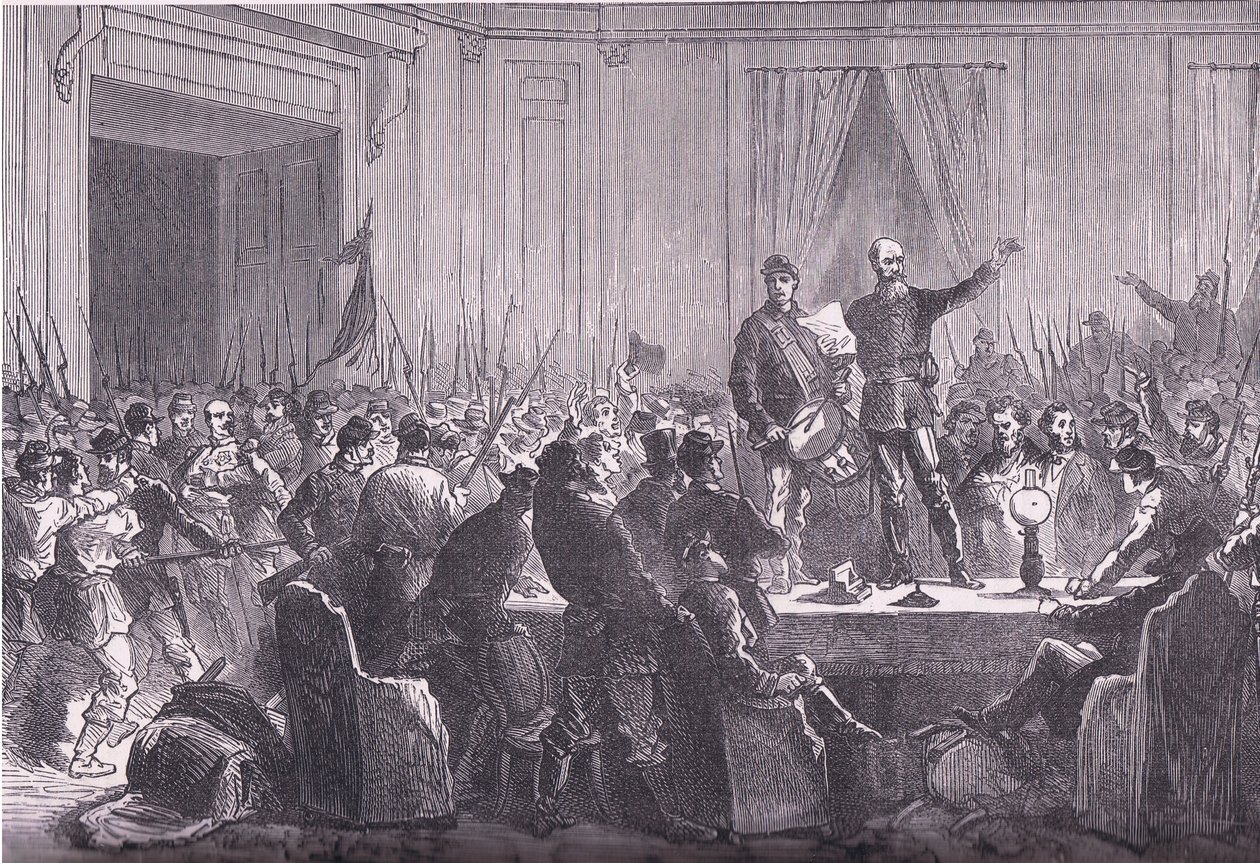 Den 106. bataljonen av nasjonalgardister leverer Trochu på Hotel De Ville, Cassells History of the War between France and Germany utgitt av Cassell and Company Limited, ca. 1890 (lito) av German School