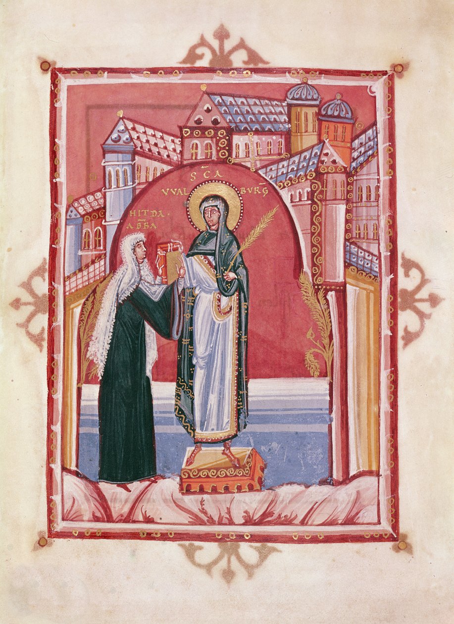 Abbedissen Hilda ofrer evangeliet til St. Walburga av German School