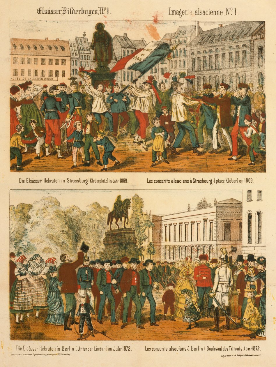 Alsace rekrutterer i Strasbourg (Kleberplatz) i 1869 og i Berlin (Under den Linden) i 1872, fra Elsaesser Bilderbogen, utgitt av A. Schneider, Strasbourg, 1873 av German School