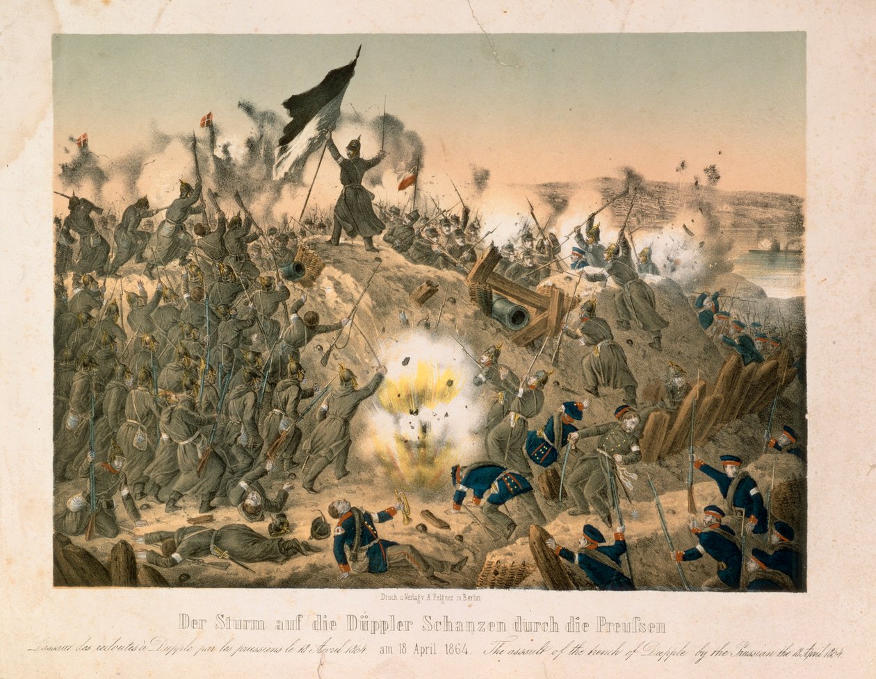 Slaget ved Dybboel i den andre Schleswig-krigen, 18. april 1864, utgitt av Verlag A. Felgner, Berlin, 1864 av German School