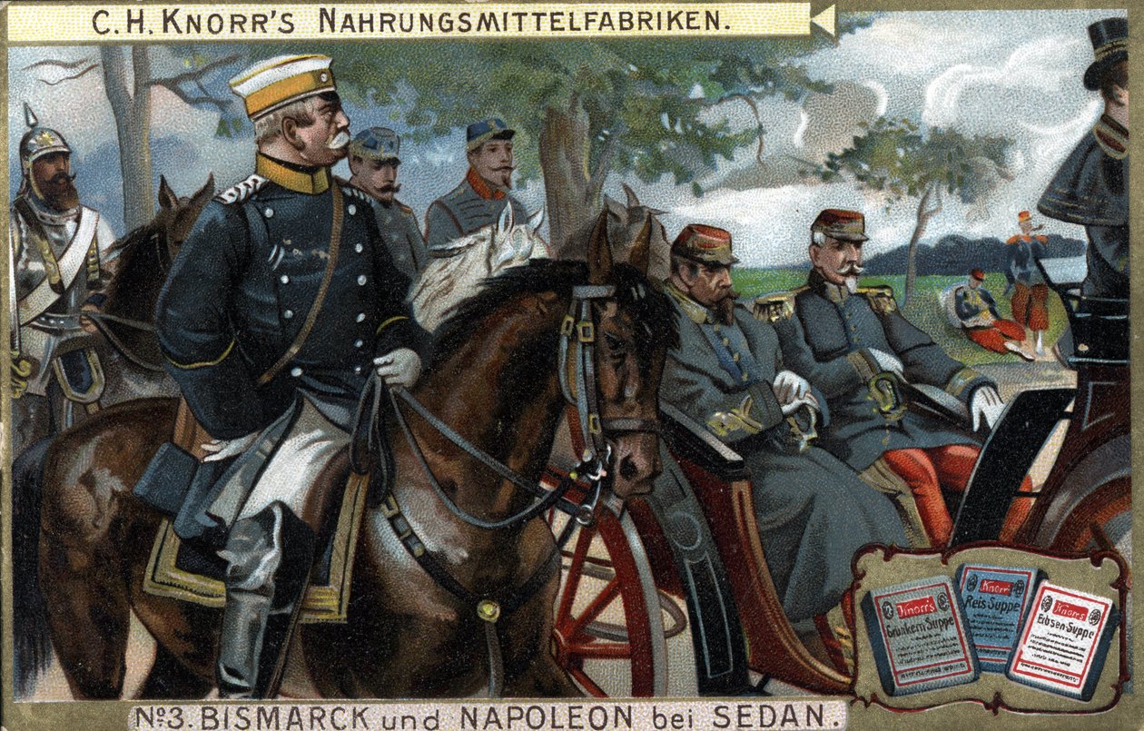 The Battle of Sedan, War of 1870: General Otto von Bismarck (1815-1898), King of Prussia escorted Emperor Napoleon III (Louis Napoleon Bonaparte av German School
