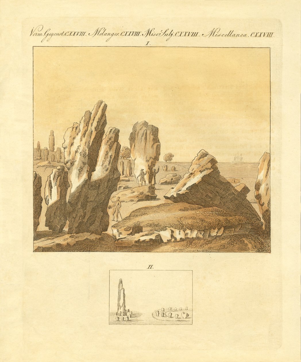 De keltiske monumentene i Carnac (farget gravering) av German School
