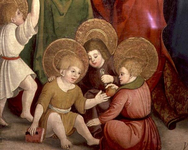 The Childhood of St. Joseph, detalj av barn som leker, Swabian School (olje på panel) av German School