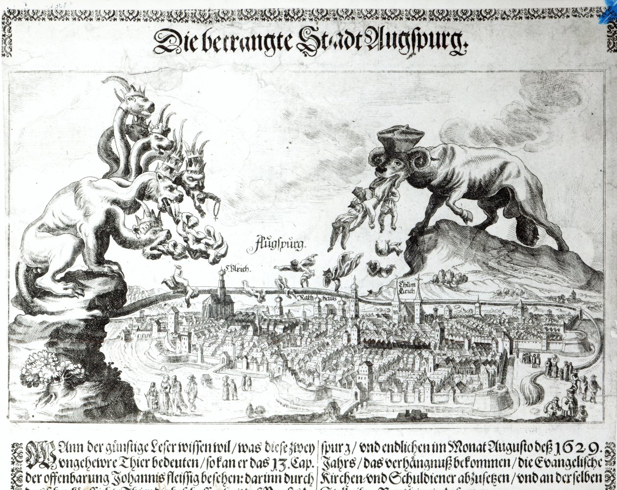 Byen Augsburg tvang til å akseptere katolsk dominans i 1629 (gravering) (bw-bilde) av German School