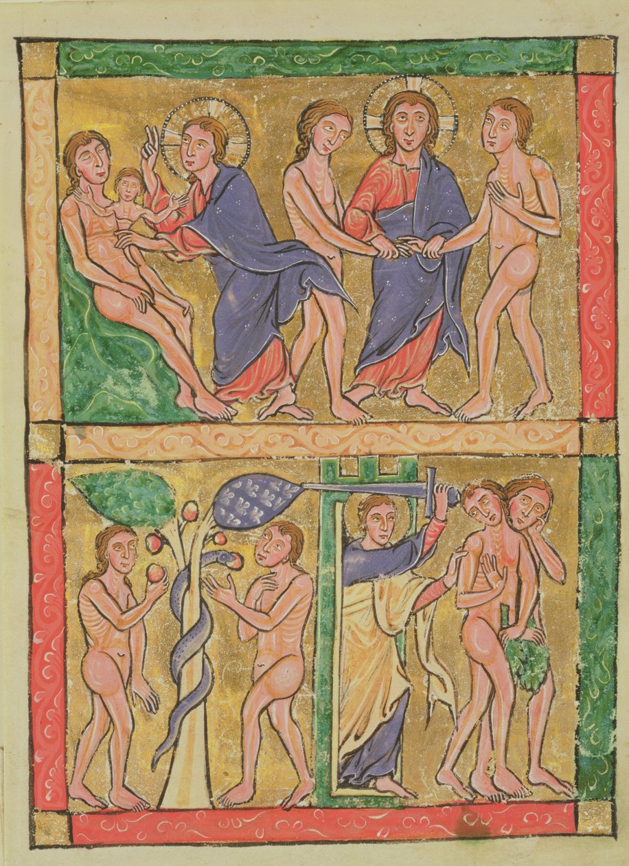Skapelsen, ekteskapet, fristelsen og utdrivelsen av Adam og Eva, 1200 (wc på vellum) av German School