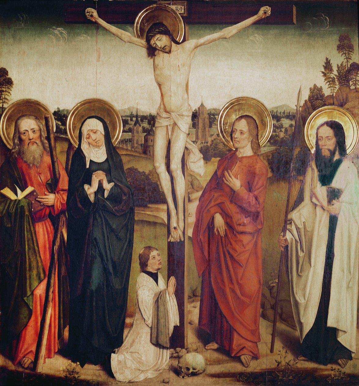 Korsfestelsen, med St Andrew, Saint Matthew og en mann som kneler ved foten av korset av German School
