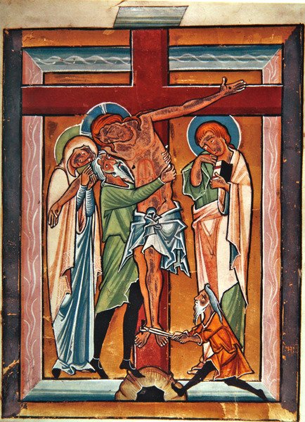 Nedstigningen fra korset, ca. 1230 (tempera og bladgull på vellum) av German School
