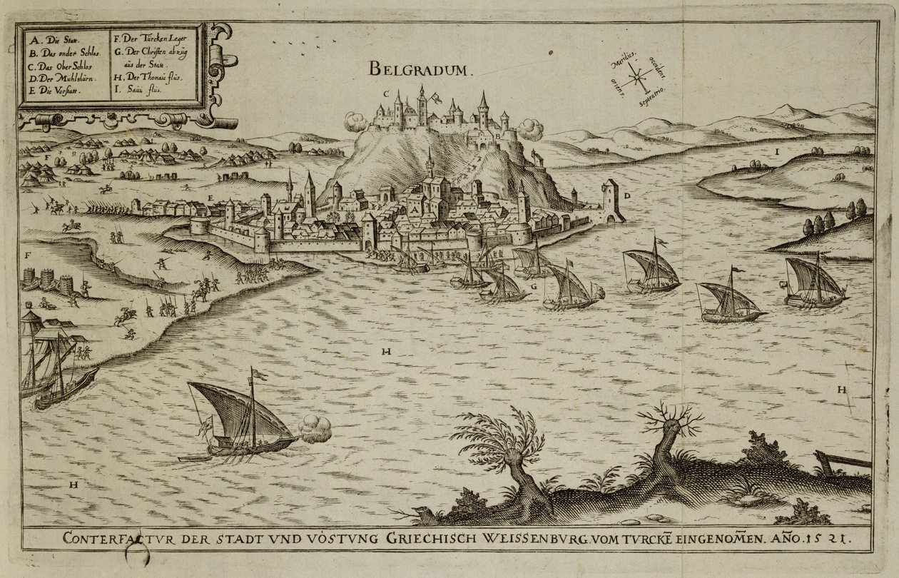 Beograds fall til tyrkerne i 1521, illustrasjon fra en bok om de osmanske kampanjene i Europa, gravert av Paul Furst (ca. 1605-66) av German School