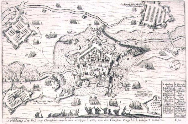 Festningen Canischa beleiret forgjeves av de kristne i 1664, illustrasjon fra en bok om de osmanske felttogene i Europa, gravert av Paul Furst (ca. 1605-66) (gravering) av German School