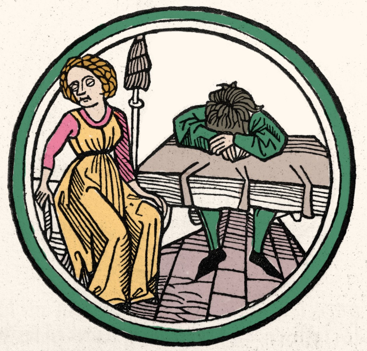 De fire temperamentene: Melankolsk (trist og deprimert) Xylography, Augsburg 1480 av German School