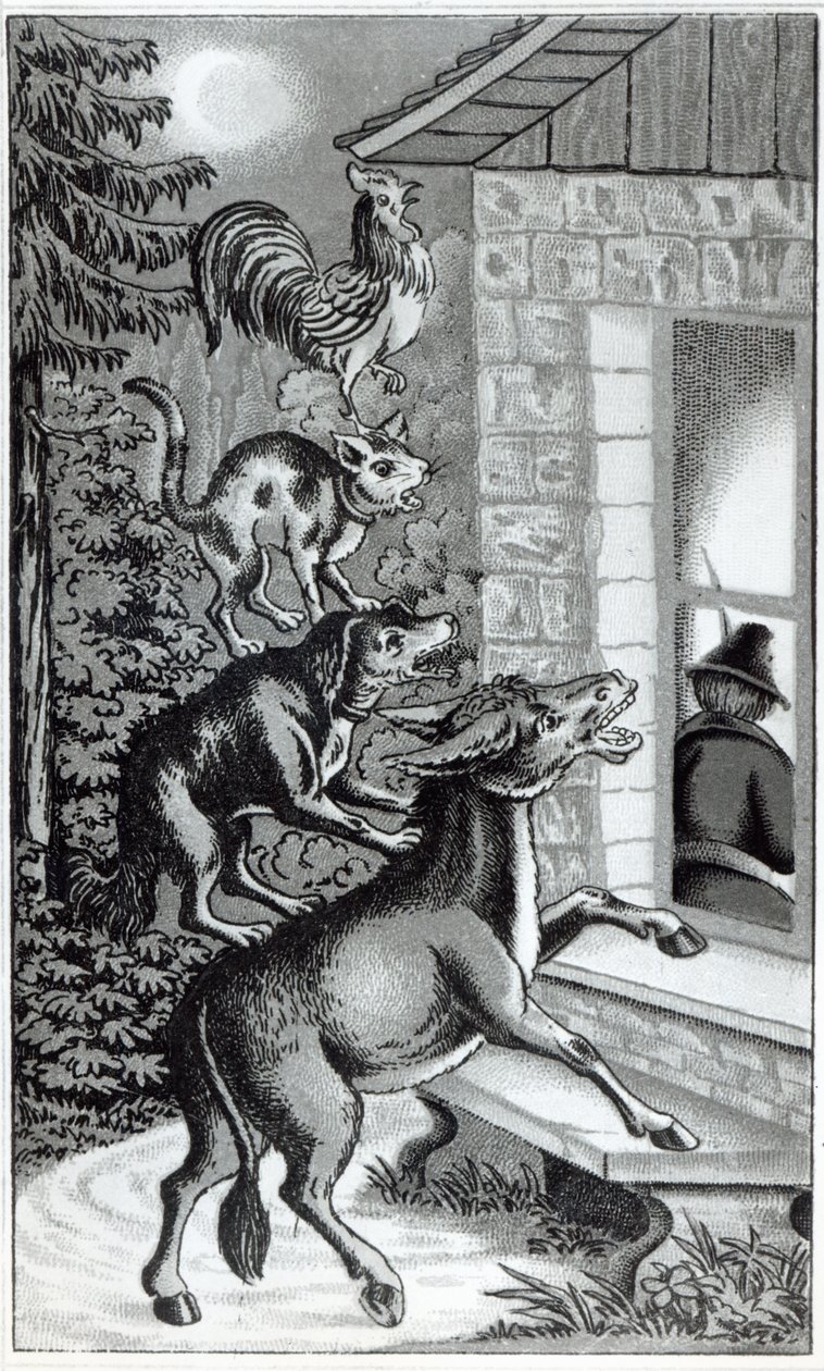 De fire dyrene som roper mot vinduet, illustrasjon for The Musicians of Bremen Town, fortelling av brødrene Grimm av German School
