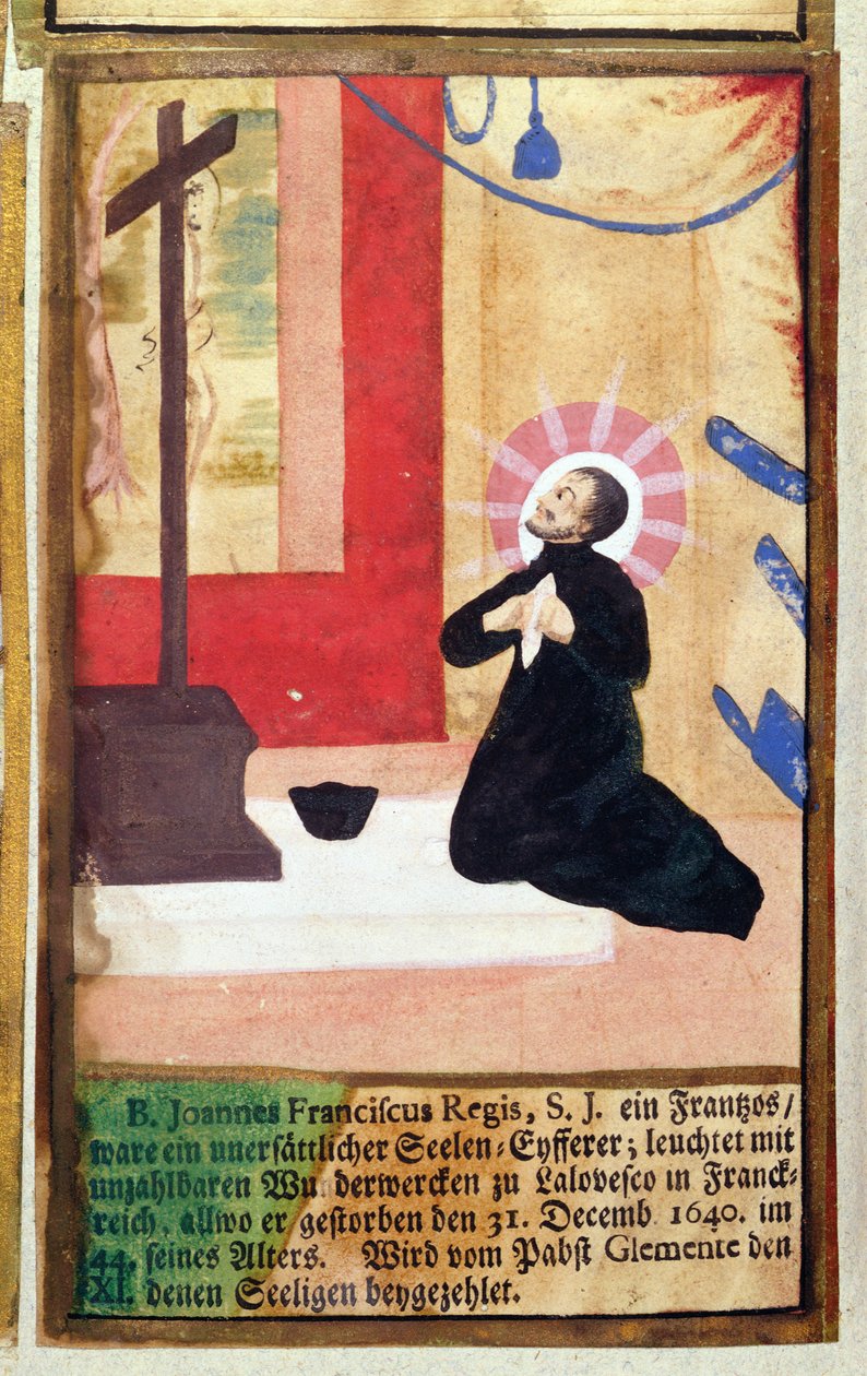 Den franske jesuitten Jean Francois Regis (1597-1640) kneler foran et krusifiks, fra The Jesuits Martyrology, 1688 av German School