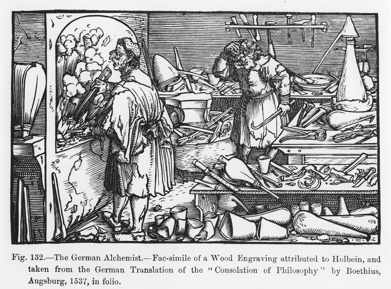 Den tyske alkymisten, fra Consolation of Philosophy av Boethius, illustrasjon fra Science and Literature in the Middle Ages and Renaissance, skrevet og gravert av Paul Lacroix, 1878 (f. av German School