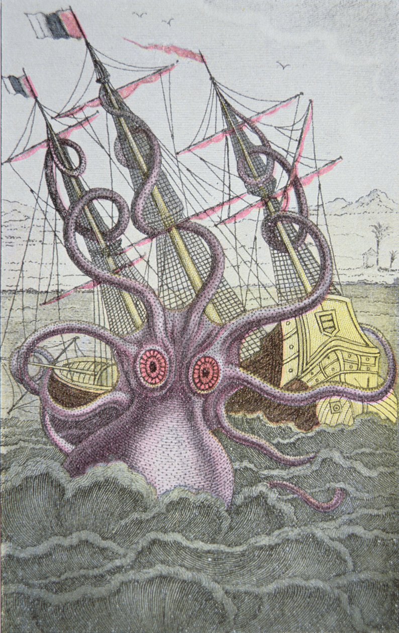 Kraken drar ned et skip (farget gravering) av German School