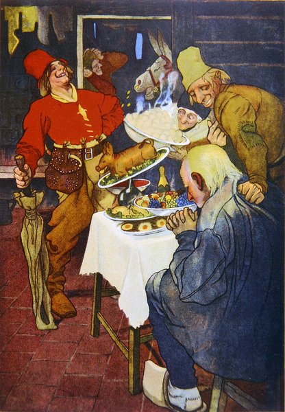 Det magiske bordet og det gyldne esel, illustrasjon av et eventyr av brødrene Grimm av German School
