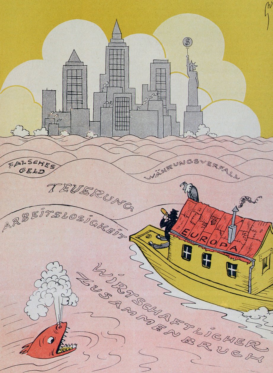 The New Deluge in the Old World, tegneserie som refererer til den europeiske økonomiske krisen på 1920-tallet, fra Kladderadatsch magazine, Berlin, 1926 av German School