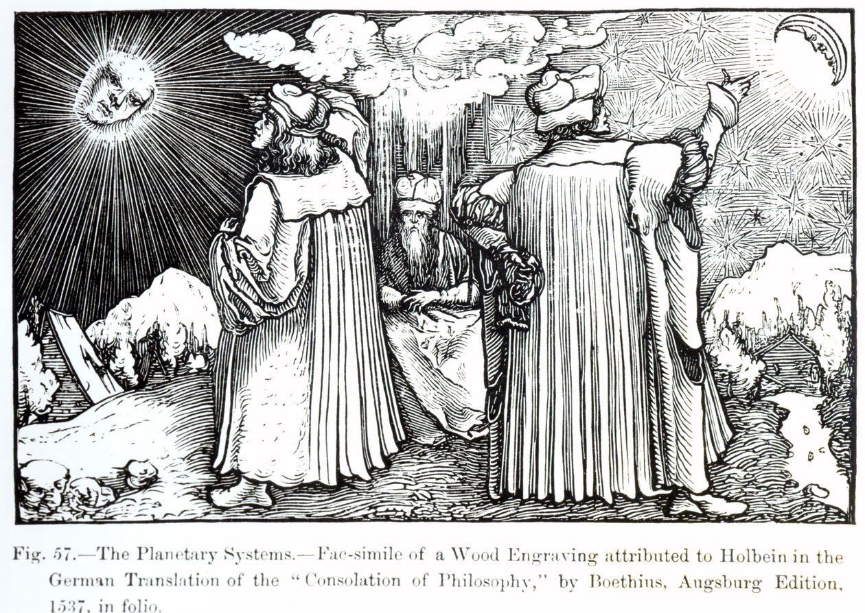 The Planetary Systems, fra The Consolation of Philosophy av Boethius, utgitt i 1537, illustrasjon fra Science and Literature in The Middle Ages and Renaissance, skrevet og gravert av Paul Lacr av German School