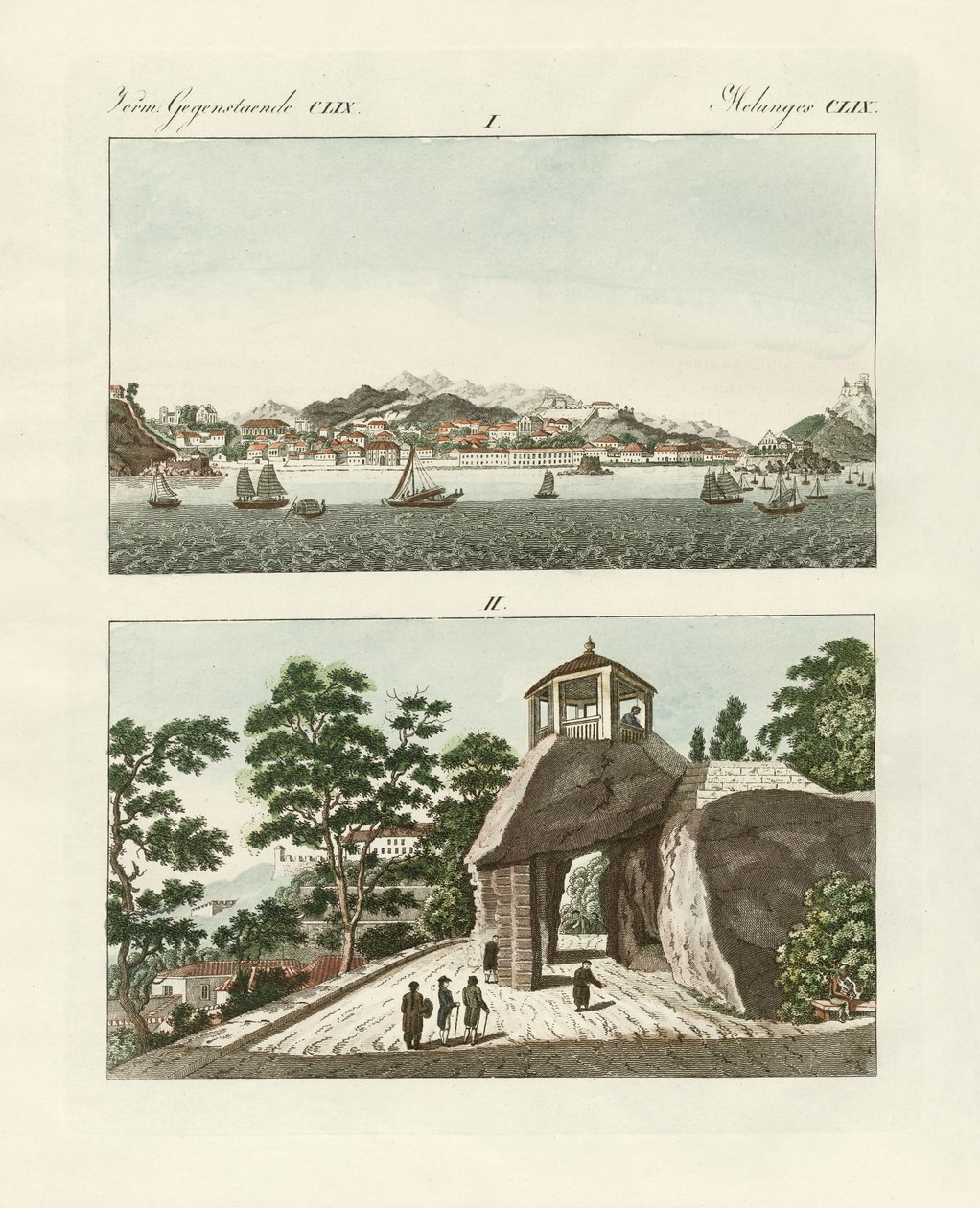 Den portugisiske kolonien Macau i Kina (farget gravering) av German School