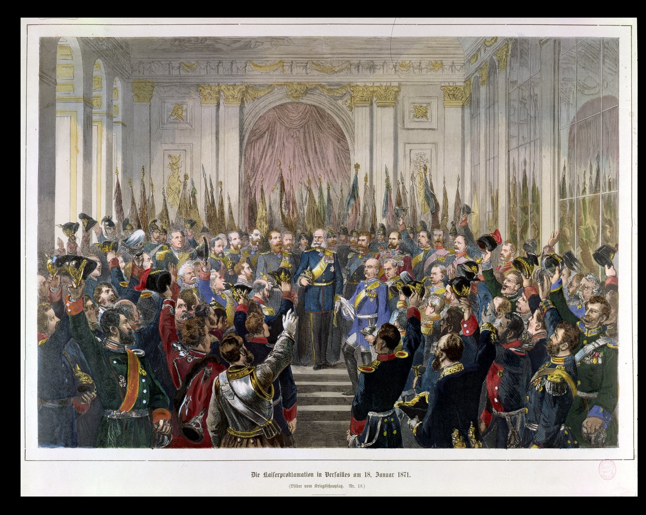 Erklæringen av Wilhelm som keiser av det nye tyske riket, i Speilsalen i Versailles 18. januar 1871, 1871 (fargegravering) av German School
