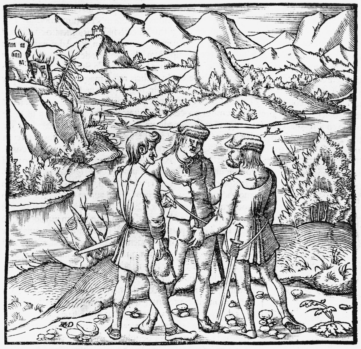 The Rutli Oath, illustrasjon fra Cosmographie Universelle av Sebastien Munster (1488-1552) Basel, utgitt 1559 av German School