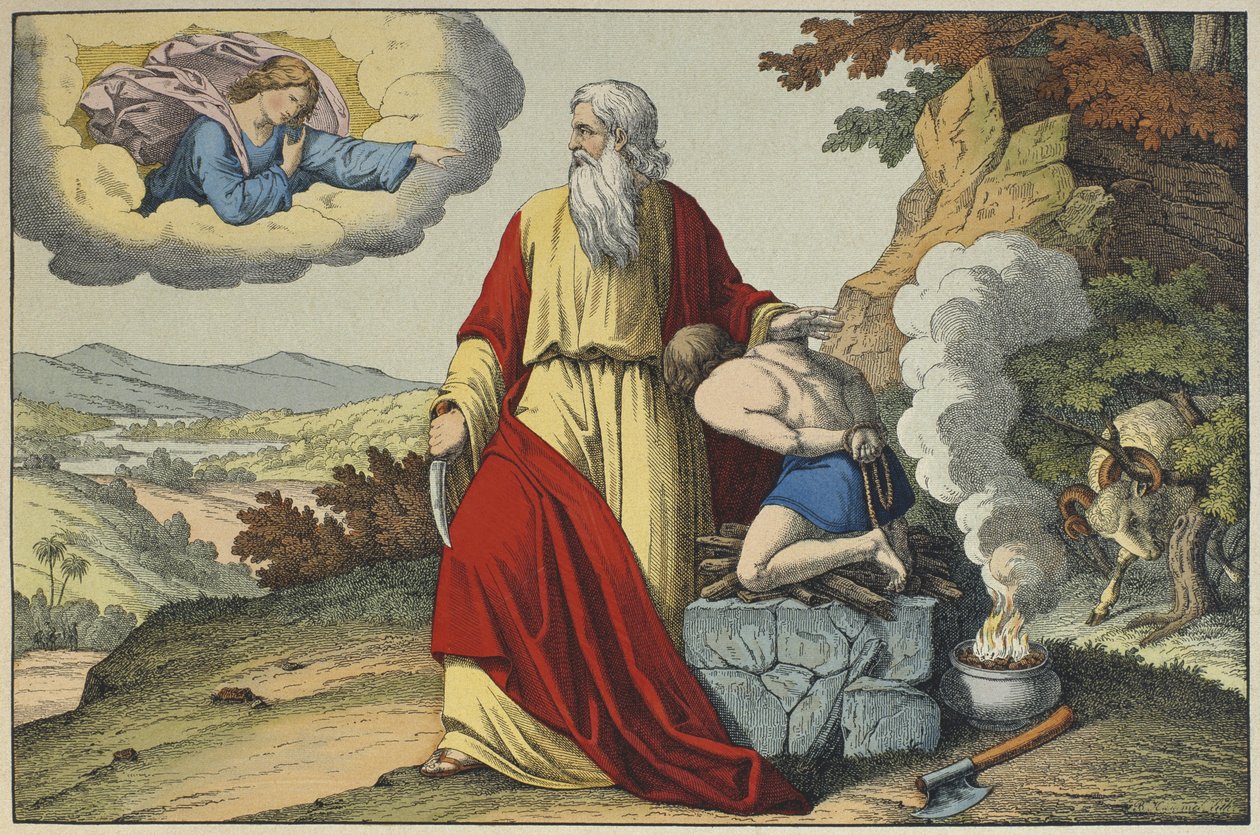 The Sacrifice of Isaac av Abraham, illustrasjon fra LAncien Testament, utgitt av Jakob Ferdinand Schreiber, Esslingen (fargegravering) av German School