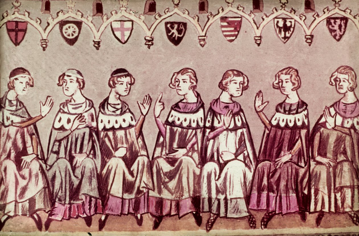 De syv prinsvalgene som velger Henry VII, den hellige romerske keiseren, illustrasjon fra Chronicle of Henry VII (Balduineum) 1341 (blekk og farge på vellum) av German School