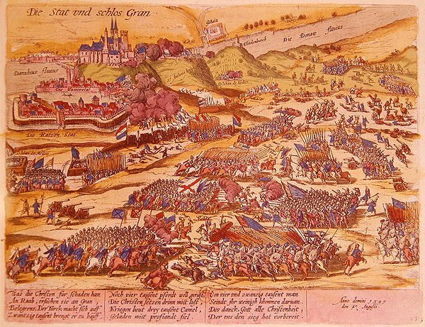 Beleiringen av Esztergom i 1595 (farget gravering) av German School