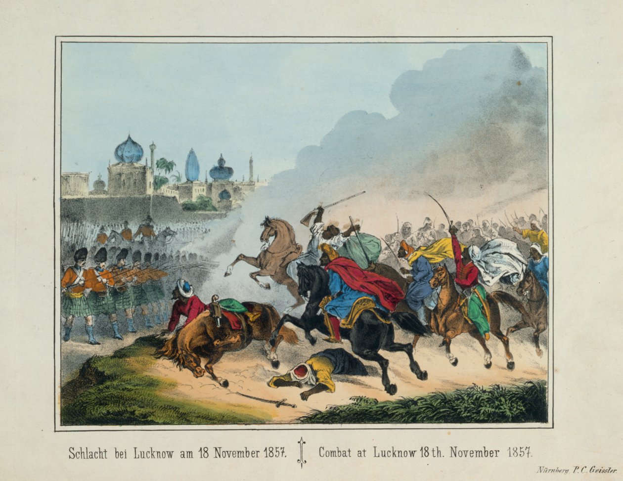 Beleiringen av Lucknow i Uttar Pradesh under det indiske opprøret i 1857, billedsideark utgitt av P.C. Geissler, Nürnberg, 1857 av German School