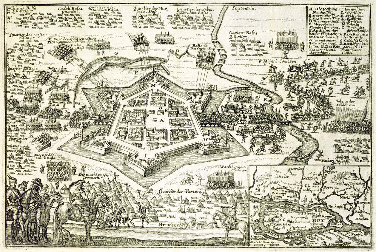 Beleiringen av Neuhausel av tyrkerne i 1663, illustrasjon fra en bok om de osmanske kampanjene i Europa, gravert av Paul Furst (ca. 1605-66) av German School