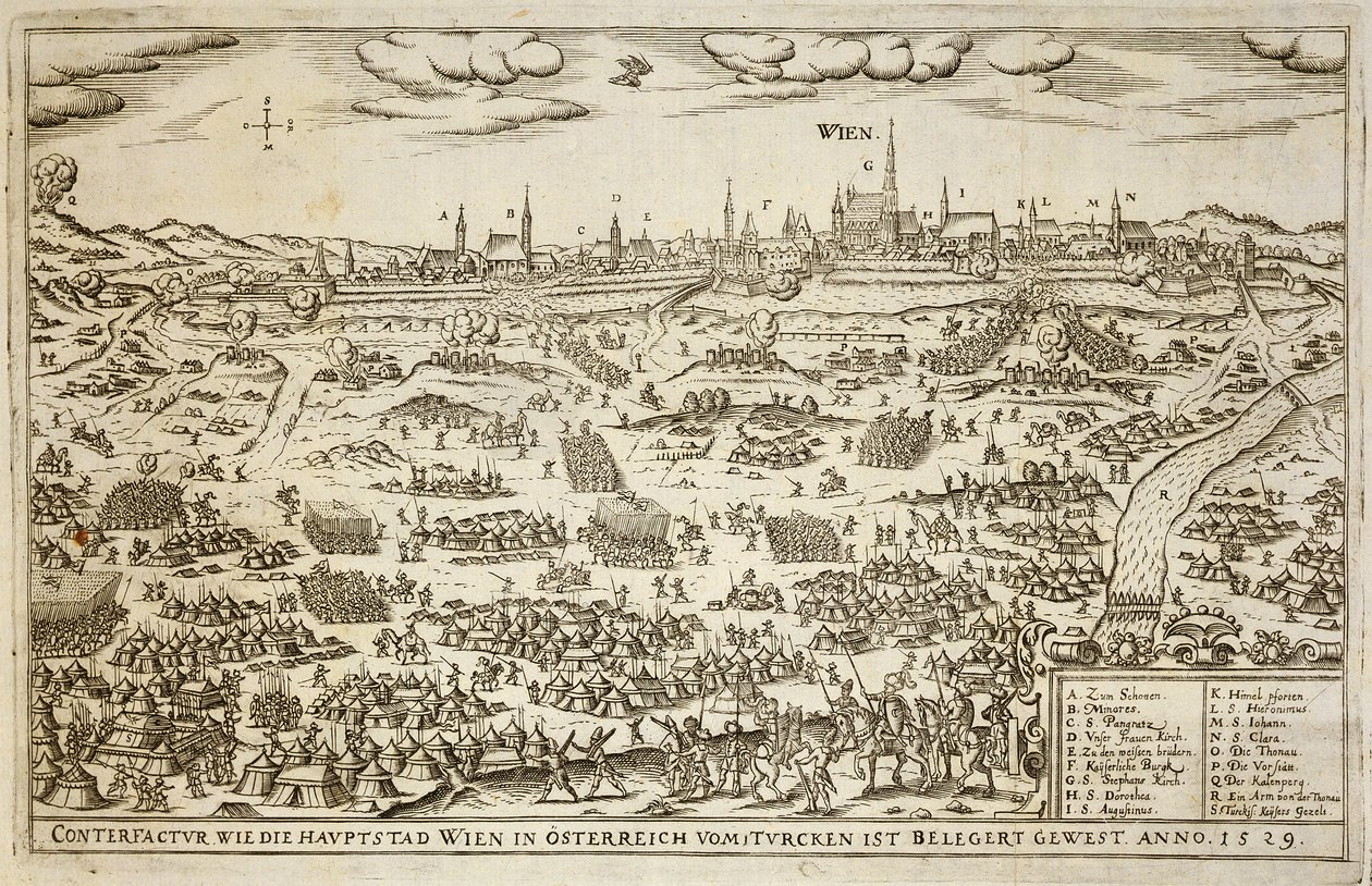 Beleiringen av Wien i 1529, illustrasjon fra en bok om de osmanske kampanjene i Europa, gravert av Paul Furst (ca. 1605-66) av German School