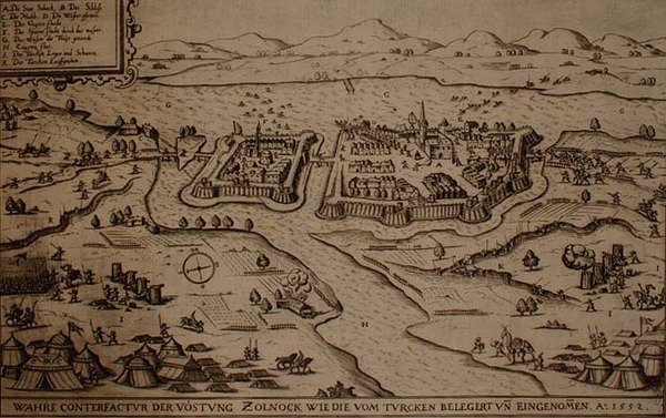 Beleiringen av Zolnock av tyrkerne i 1552, illustrasjon fra en bok om de osmanske kampanjene i Europa, gravert av Paul Furst (ca. 1605-66) (gravering) av German School