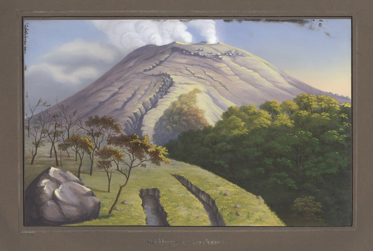 Sørsiden av toppen av Merapi sett fra en høyde på 5231 fot, september 1836, pl.VII, fra Topografisk og Scientific Atlas on the Journey through Java, av Dr. Fru Junghuhn, Magdebur av German School