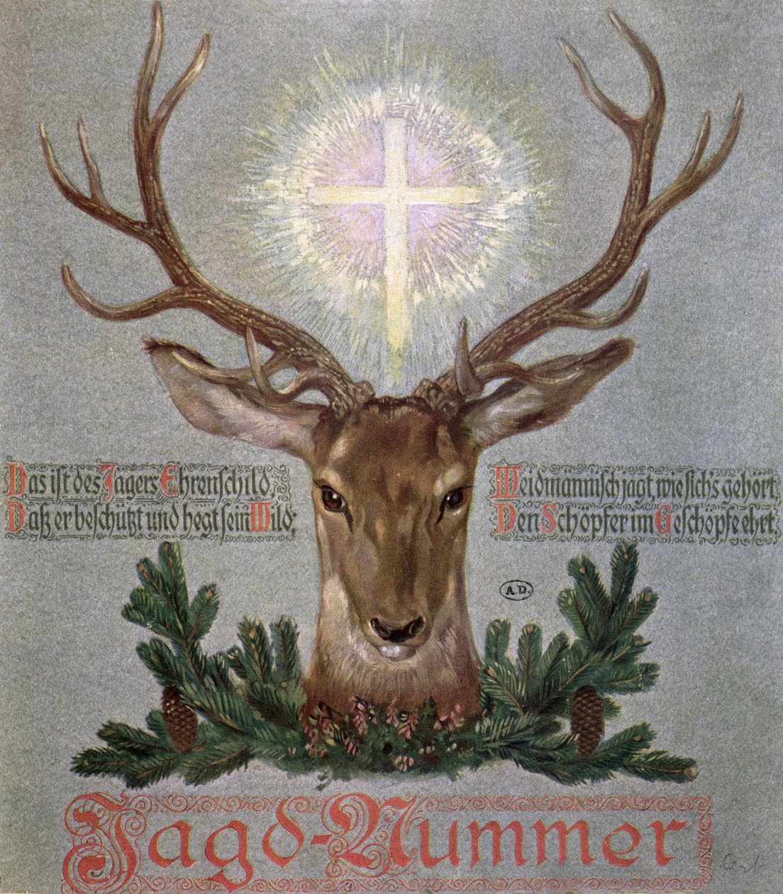 The Stag of St. Hubert (655-727), omslagsillustrasjon fra en jaktjournal, 1908 av German School