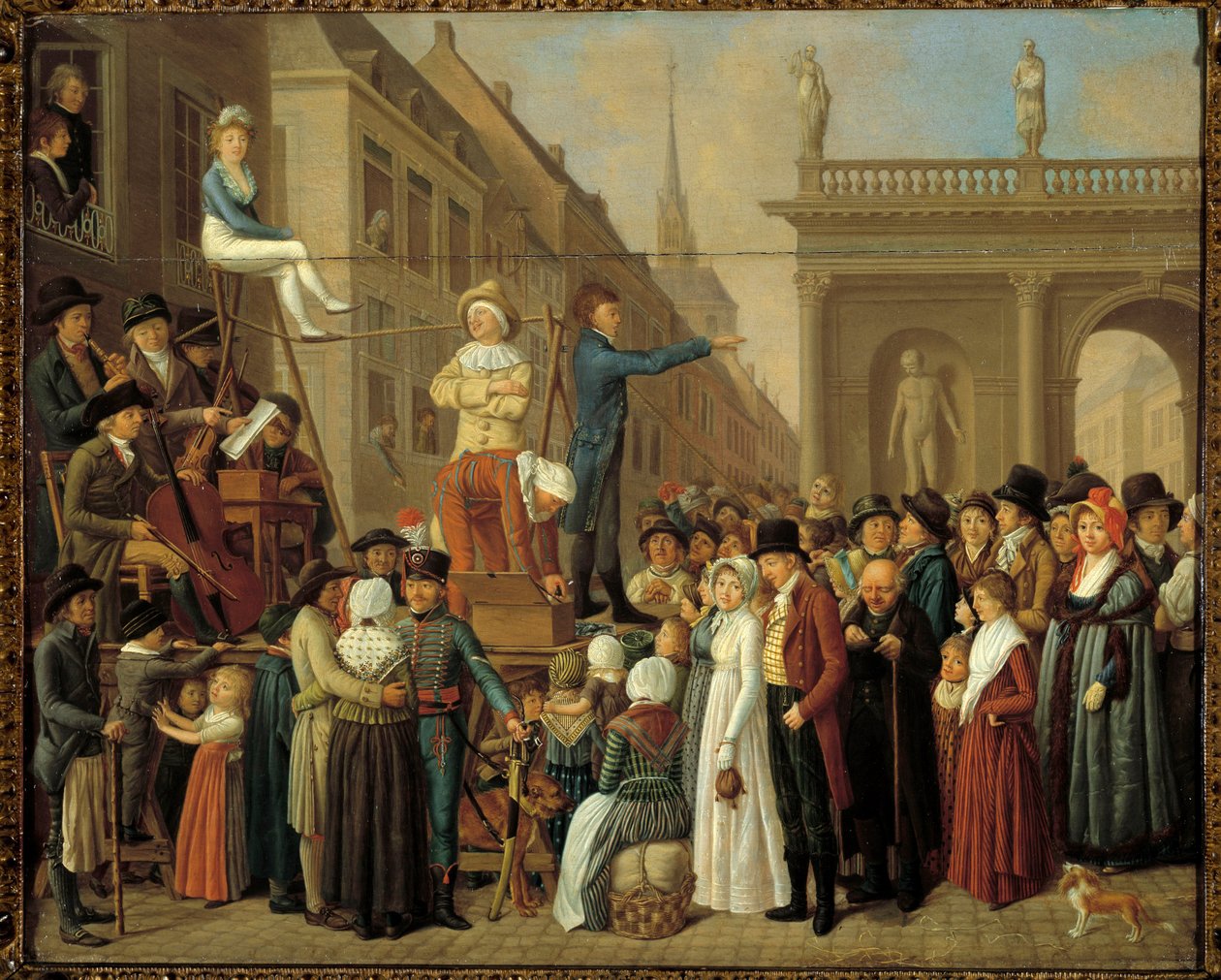 The Scene Scene gateshow med musikere og komikere. Maleri av den tyske skolen på 1800-tallet. Paris, Musee Cognacq Jay av German School